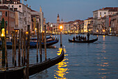 Grand Canal, twilight, reflections, traghetto gondola, standing passengers, lights, traghetto, Venice, Italy