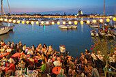 Festa del Redentore, Redentore Feast Day, thanks that the plague ended, pontoon bridge built across Giudecca Canal annually, sunset, summer evening, 3rd Sunday of July, boats, party, lanterns, banquet tables, Venice, Italy