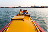 Cristina della Toffola, traditional wooden, Venetian boat, barge, Bragozzo, yellow, red, tours of the lagoon, Venice, Italy