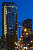 Skyscrapers, Bow Tower and Calgary Tower seen from Centre Street Bridge at night, Calgary, Alberta, Canada