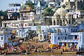 India, Rajasthan, Pushkar, The ghats and holy lake.