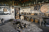 Greece, Thessaly, Meteora, World Heritage Site, Megalo Meteoro (Great Meteoron) monastery, The old kitchen.