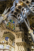 Interior of Basilica Sagrada Familia by the architect Antoni Gaudi, Barcelona, Catalonia, Spain.
