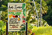 Hawaii, Maui, Keanae Peninsula, Sign For Aunty Sandy's Banana Bread And Fruit Stand Along Road To Hana.