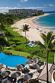 Hawaii, Maui, Kaanapali Beach From Sheraton Hotel, Resort Hotels And People On The Beach.