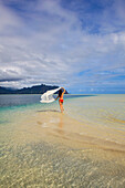 Hawaii, Oahu, Kaneohe Bay, Woman With Chiffon On The Sandbar