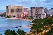 Hawaii, Oahu, Waikiki, View Of Waikiki Hotels And Beach At Sunrise.