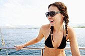 Hawaii, Kauai, Na Pali Coast, Beautiful Tourist Enjoying A Day Out On A Boat.