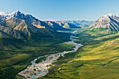 Aerial Scenic Of Boreal Mountain And Frigid Crags Flanking The North Fork Of The Koyukuk River In The Brooks Range, Gates Of The Arctic National Park & Preserve, Arctic Alaska, Summer