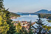 Overview Of Downtown Ketchikan, Pennock Island, And A Cruise Ship Leaving The Tongass Narrows In Southeast, Alaska
