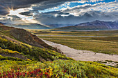 'Morning sunshine breaks through the clouds in Polychrome Pass, Denali National Park; Alaska, United States of America'