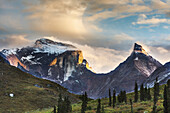 Sunset on Xanadu and Arial mountain, Arrigetch Peaks, Gates of the Arctic National Park, Alaska.