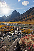 Morning light on Arial and Caliban peaks, Arrigetch Peaks, Arrigetch creek, Gates of the Arctic National Park, Alaska.
