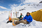 Climbers relax at base camp in the Alaska range mountains, interior, Alaska.