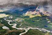 Aerial of the Brooks Range mountains, arctic Alaska. Confluence of Easter Creek and Kilik River, Gates of the Arctic National Park.