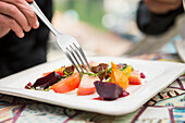 Detail view of Fresh locally grown vegetables served at the Saltry Restaurant in Halibut Cove, Kachemak Bay, Southcentral Alaska.