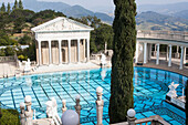 'A luxurious outdoor swimming pool with a view of the mountainous landscape; California, United States of America'