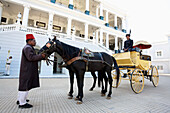 'A horse and carriage outside Falaknuma Palace; Hyderabad, Andhra Pradesh, India'