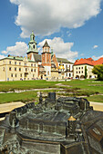 'Wawel Hill, Cathedral and Royal Castle, medieval building foundations in front of the Cathedral and model of the Royal Palace in foreground; Krakow, Poland'