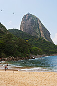 'Cable car to Sugarloaf from the beach at Praia Vermelha; Rio de Janeiro, Brazil'
