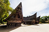 Traditional boat-shaped Toba Batak houses (jabu) at Huta Bolon Museum in Simanindo village on Samosir Island, Lake Toba, North Sumatra, Indonesia