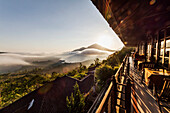 Panoramic view of Batur Lake and Mount Agung at sunrise from Kintamani, Bali, Indonesia