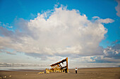 A young woman approaches the Wreck of the Peter Iredale on the beach at Fort Stevens State Park, Oregon.