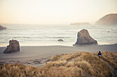 A young woman approaches the beach along the Oregon Coast at Meyers Creek Beach, Pistol River State Park.