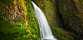 Lush vegetation surrounds Wahkeena Falls in the Columbia River Gorge, Oregon.