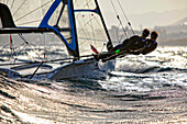 49erFX pair Sarah Steyaert and Julie Bossard training during a sunny and windy day in Marseille, France.