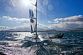 49erFX pair Sarah Steyaert and Julie Bossard training during a sunny and windy day in Marseille, France.
