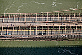 Aerial view of the Brooklyn Bridge in Manhattan, New York City, New York, United States of America.