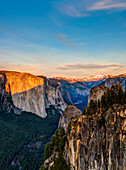 El Capitan and Yosemite Valley at sunset from canyon rim