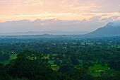 'A lush landscape of trees with mountains in the distance at sunset; Ulpotha, Embogama, Sri Lanka'