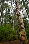 'A totem pole along the Totem Trail, surrounded by forest, Sitka National Historical Park; Sitka, Alaska, United States of America'