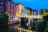 Bridge over the Ljubljanica River at night, Ljubljana, Slovenia, Europe