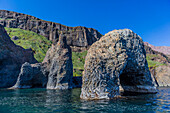 Arch of columnar basalt on the southern coast of Disko Island, Kuannersuit, Greenland, Polar Regions