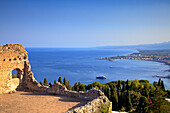 View from Greek Theatre with Mount Etna and coast in background, Taormina, Sicily, Italy, Mediterranean, Europe