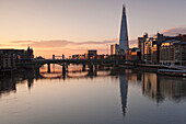 The Shard building, Blackfriars Bridge, Tower Bridge at sunrise,  London, England, United Kingdom, Europe