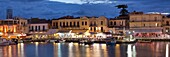 Old Venetian harbour, taverns on seaside, Rethymno, Rethymnon, Crete, Greek Islands, Greece, Europe