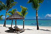 Palm trees and a white sand beach at the Lux Le Morne Hotel on Le Morne Brabant Peninsula, Mauritius, Indian Ocean, Africa