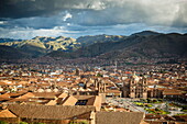 Elevated view over Cuzco and Plaza de Armas, Cuzco, UNESCO World Heritage Site, Peru, South America