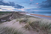 Sand dunes above Embleton Beach during twilight, Northumberland, England, United Kingdom, Europe