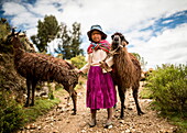 Portrait of Mariel with her two Llamas, Isla del Sol, Lake Titicaca, Bolivia, South America