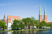 View over river Trave to Lubeck Cathedral, Lubeck, Schleswig-Holstein, Germany