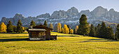 Autumn Alm in front of the Rosengarten mountain with mountain hut, Koelbleggiesen, near Nigerpass, Alto Adige, South Tyrol, Dolomites, Italy