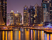 Skyscrapers in the Dubai Marina at night, Dubai, Unites Arab Emirates, UAE