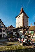 Cafe at the city gate Obertor, Gengenbach, Black Forest, Baden-Wuertemberg, Germany