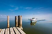 Boat in calm water, Hallig Langeness, North Frisian Islands, Schleswig-Holstein, Germany