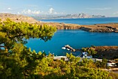 View from the Acropolis, Village of Lindos, Rhodes Island, Dodecaneso, Greece.
